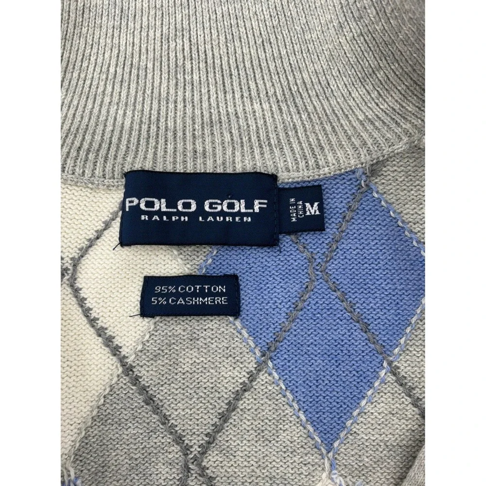 Vintage Polo Golf Sweater Vest Men Medium Grey Argyle Preppy Zip Cashmere Cotton